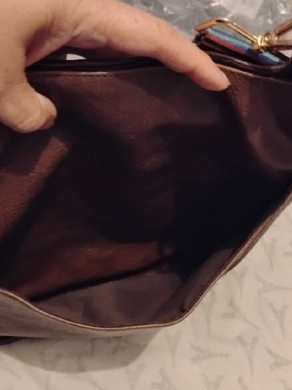 Ah Domed Vegan Brown Leather Hobo Bag with Striped Adjustable Luggage Strap - Picture 2 of 7